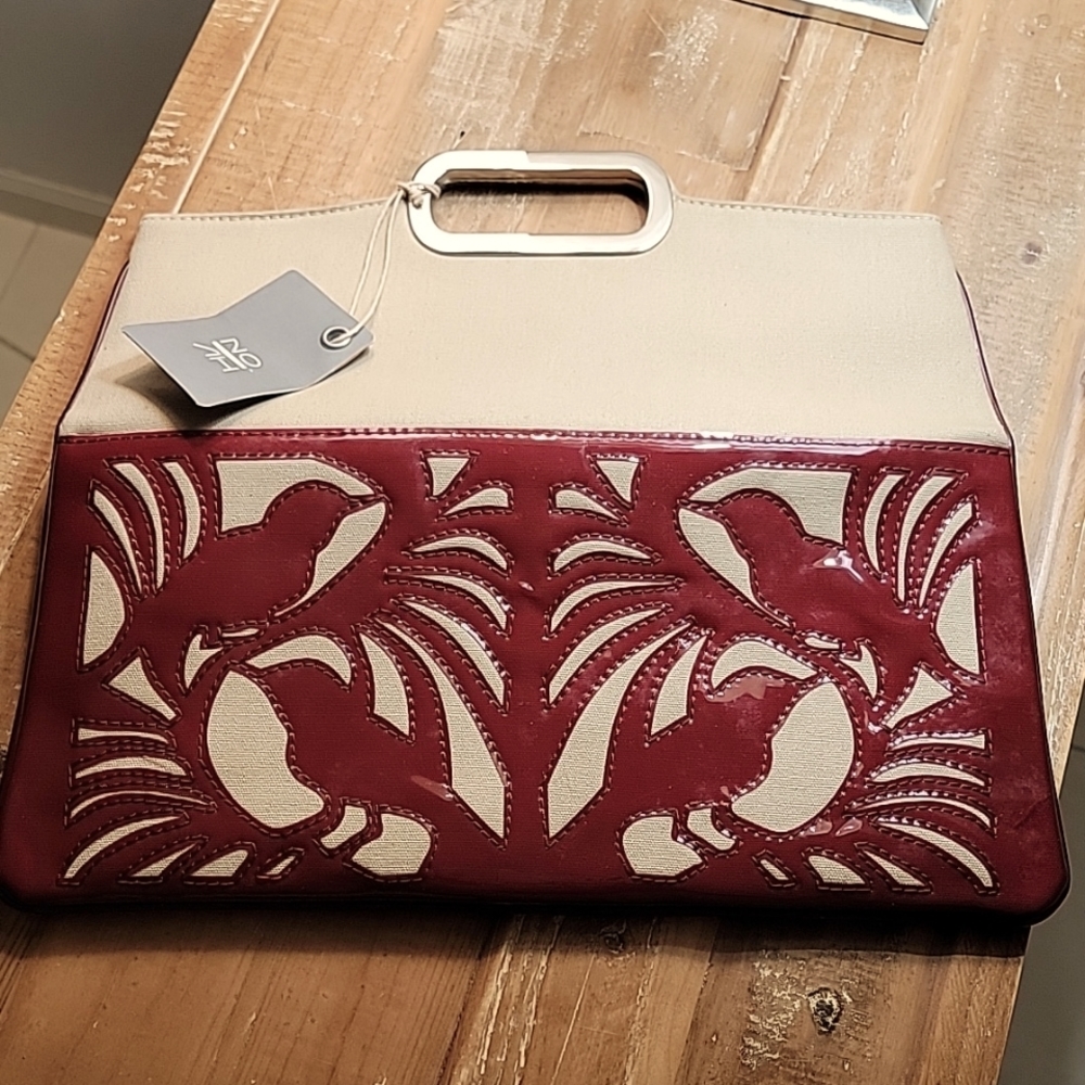 NWT NO|AH Tan Canvas & Red PVC Bird Print - Hand Tote or Clutch